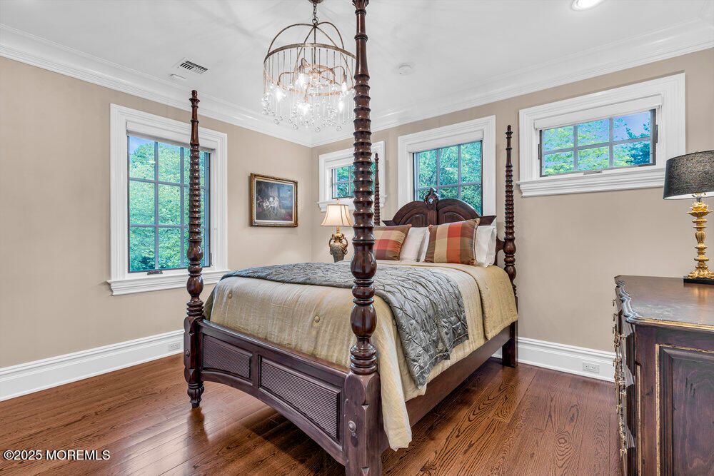 Bedroom, Chandelier, Interior, Recessed Lighting, Wood Texture Flooring