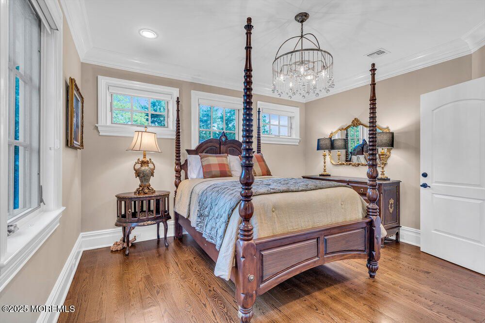 Bedroom, Chandelier, Interior, Recessed Lighting, Wood Texture Flooring