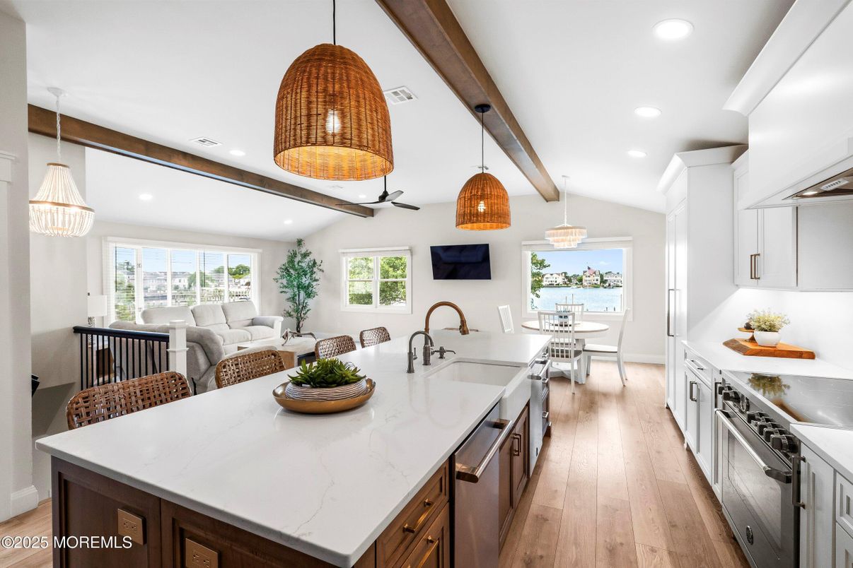 Dining room, Interior, Kitchen, Living room, Pendant Lights, Recessed Lighting, Water, Wood Texture Flooring