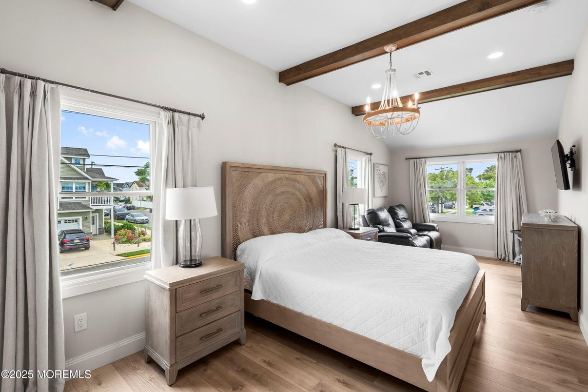 Bedroom, Chandelier, Interior, Recessed Lighting, Wooden Beams, Wood Texture Flooring