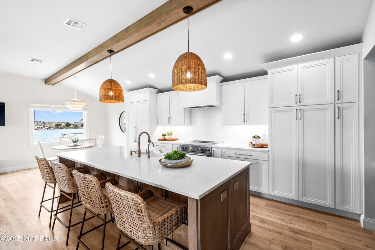 Interior, Kitchen, Pendant Lights, Recessed Lighting, Stainless Steel Appliances, Water, Wooden Beams, Wood Texture Flooring