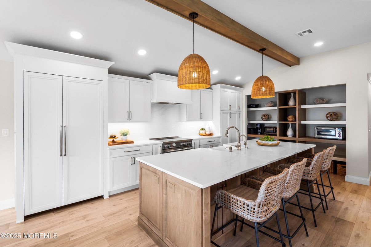 Interior, Kitchen, Pendant Lights, Recessed Lighting, Stainless Steel Appliances, Wooden Beams, Wood Texture Flooring