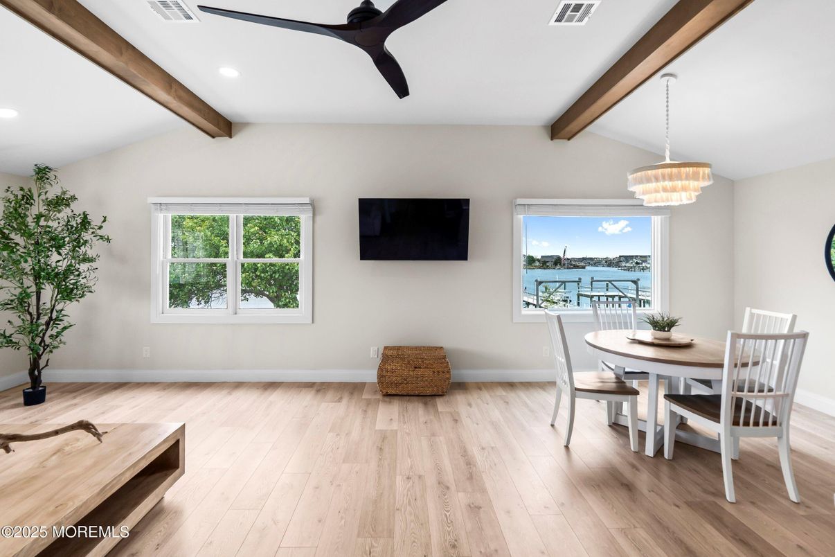Chandelier, Dining room, Interior, Recessed Lighting, Water, Wooden Beams, Wood Texture Flooring