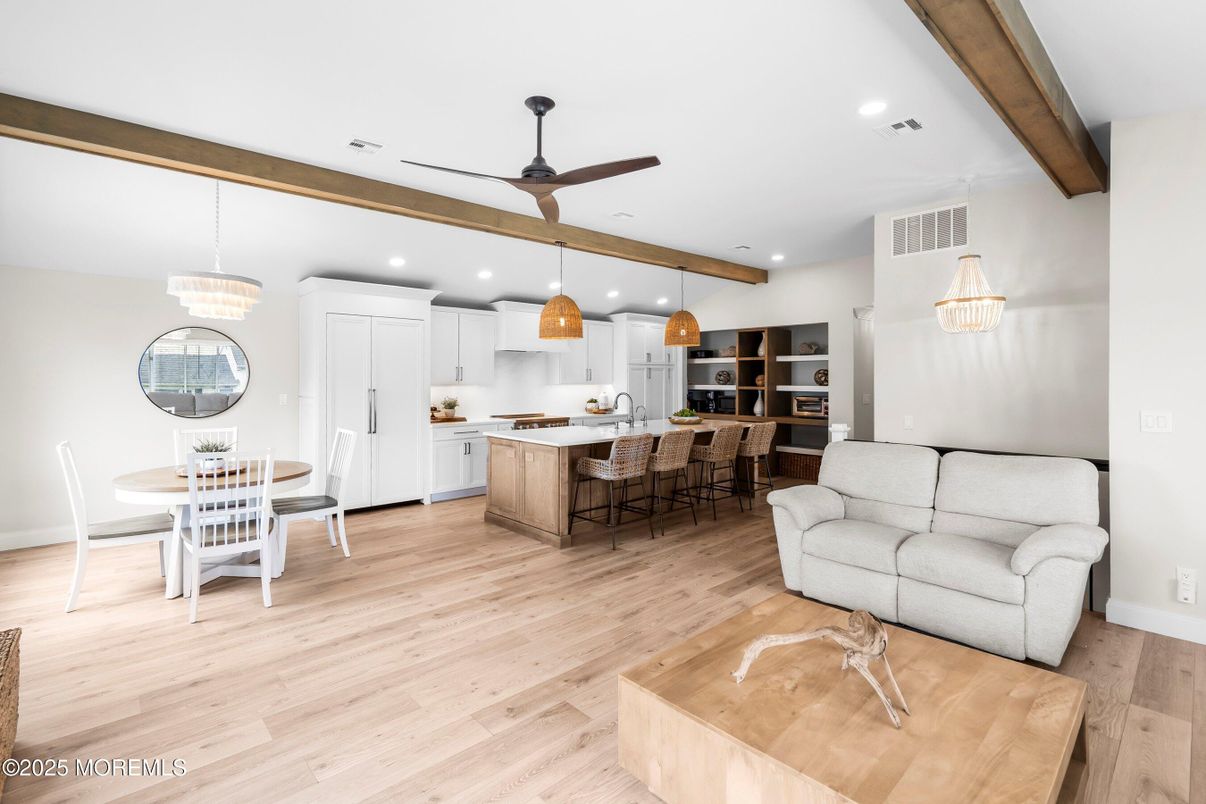 Dining room, Interior, Kitchen, Pendant Lights, Recessed Lighting, Wooden Beams, Wood Texture Flooring