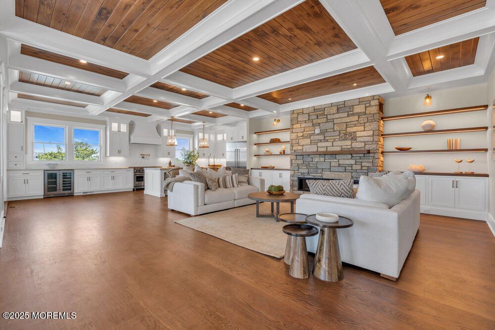 Fireplace, Interior, Living room, Pendant Lights, Recessed Lighting, Stone Walls, Wooden Ceilings, Wood Texture Flooring