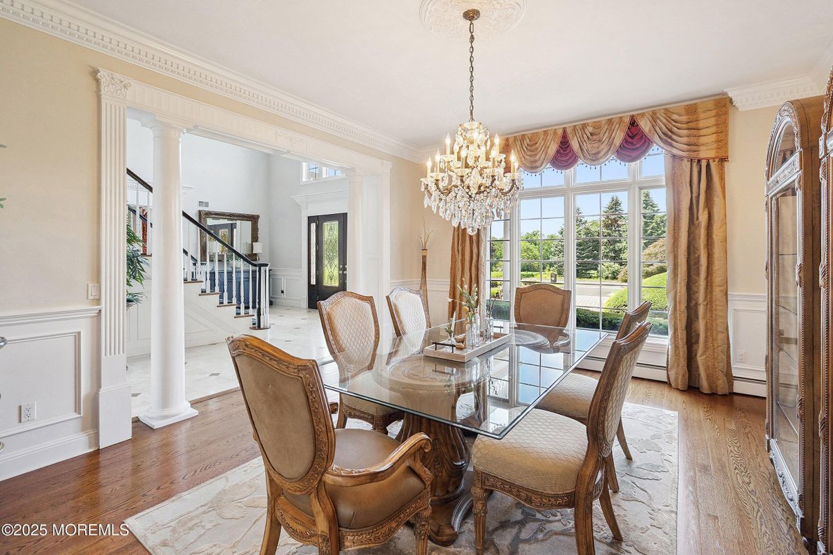 Chandelier, Dining room, Interior, Wood Texture Flooring