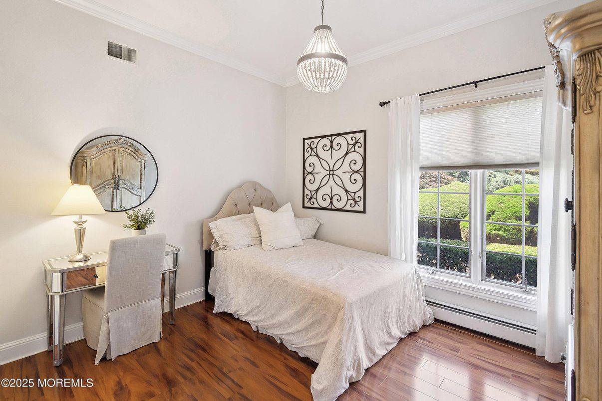 Bedroom, Chandelier, Interior, Wood Texture Flooring
