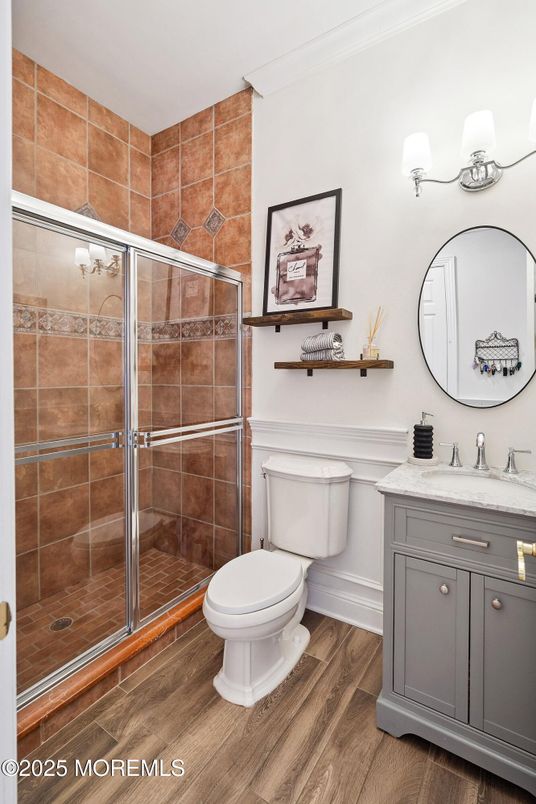 Bathroom, Glass Shower, Interior, Wood Texture Flooring