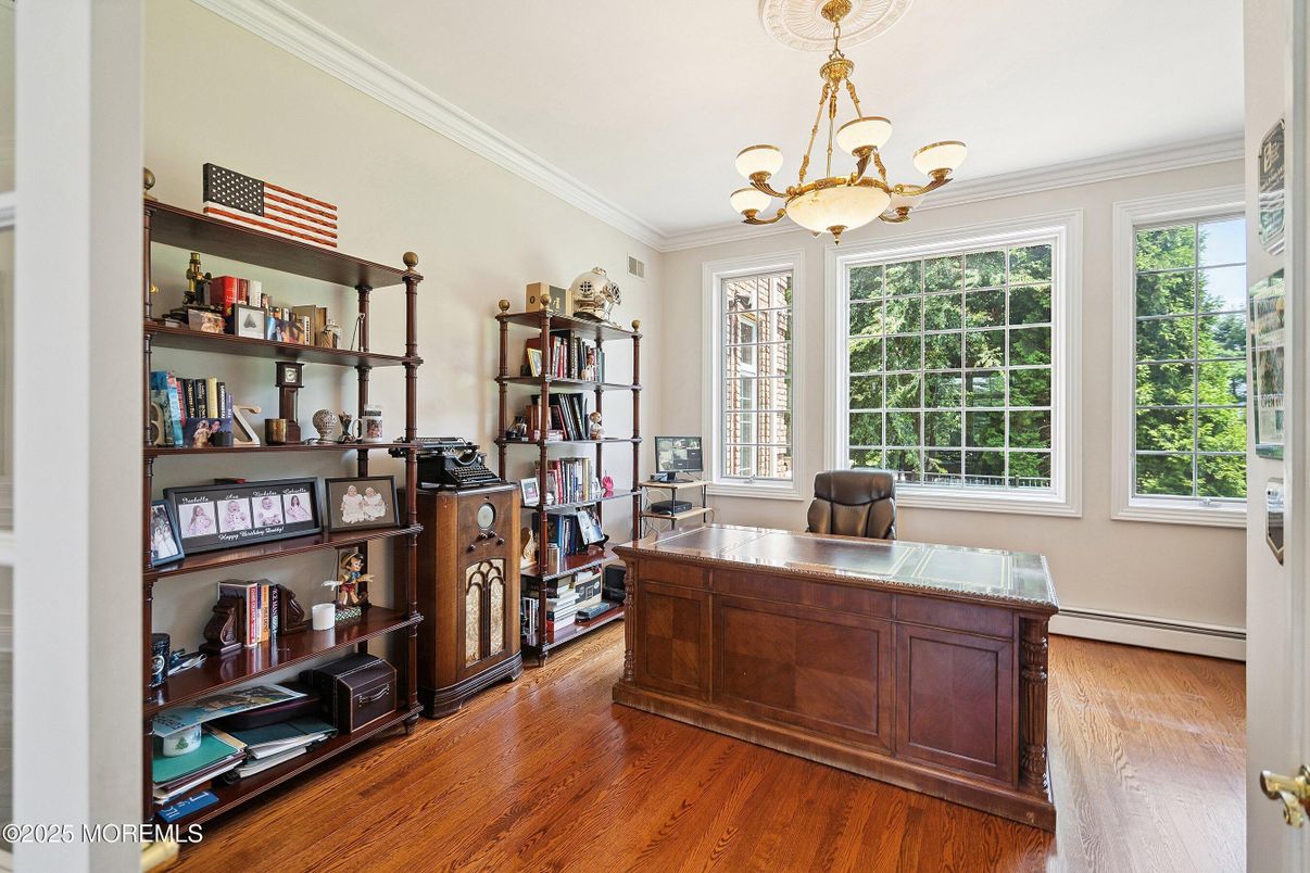 Chandelier, Home Office, Interior, Wood Texture Flooring
