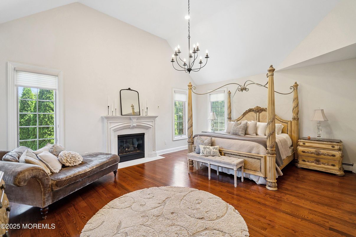Bedroom, Chandelier, Fireplace, Interior, Wood Texture Flooring