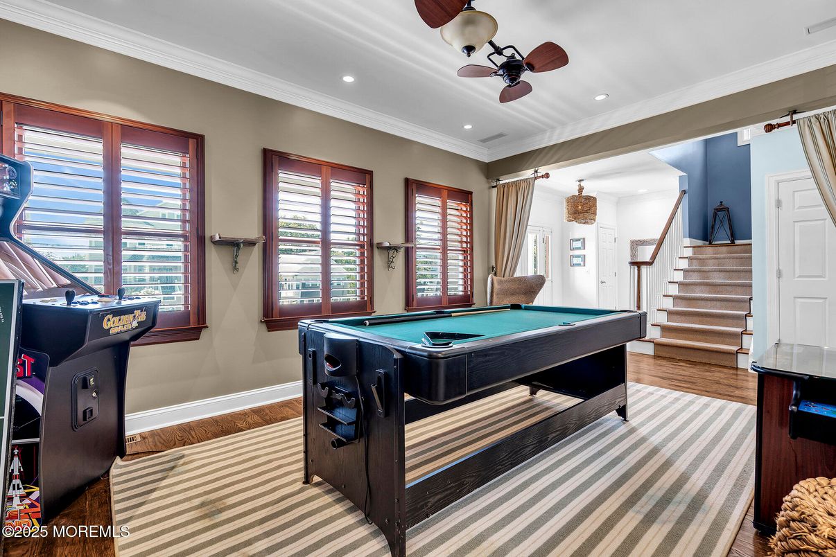 Billiard Table, Game Room, Interior, Recessed Lighting, Wood Texture Flooring