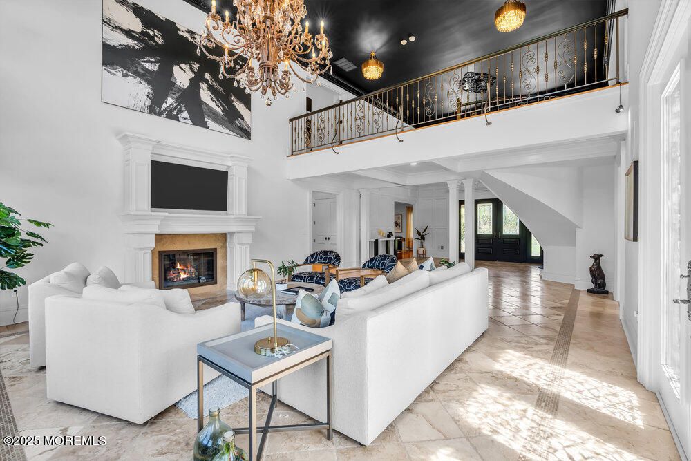 Chandelier, Fireplace, Interior, Living room, Recessed Lighting