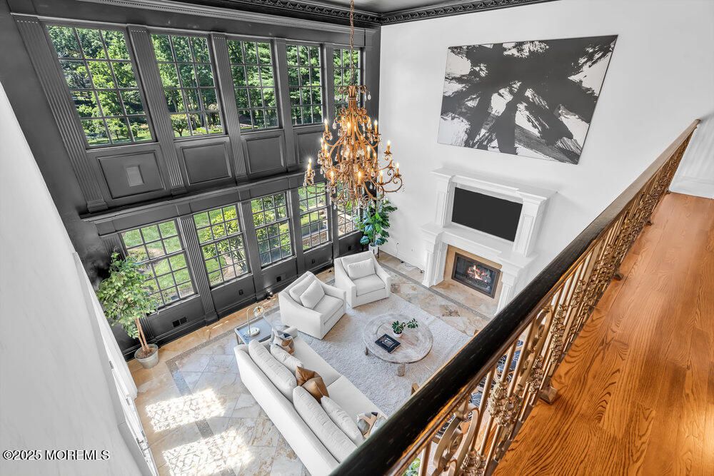 Chandelier, Fireplace, Interior, Living room