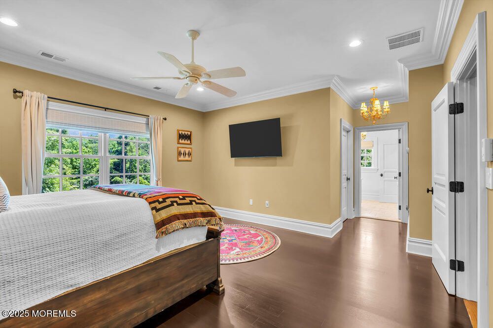 Bedroom, Chandelier, Interior, Recessed Lighting, Wood Texture Flooring