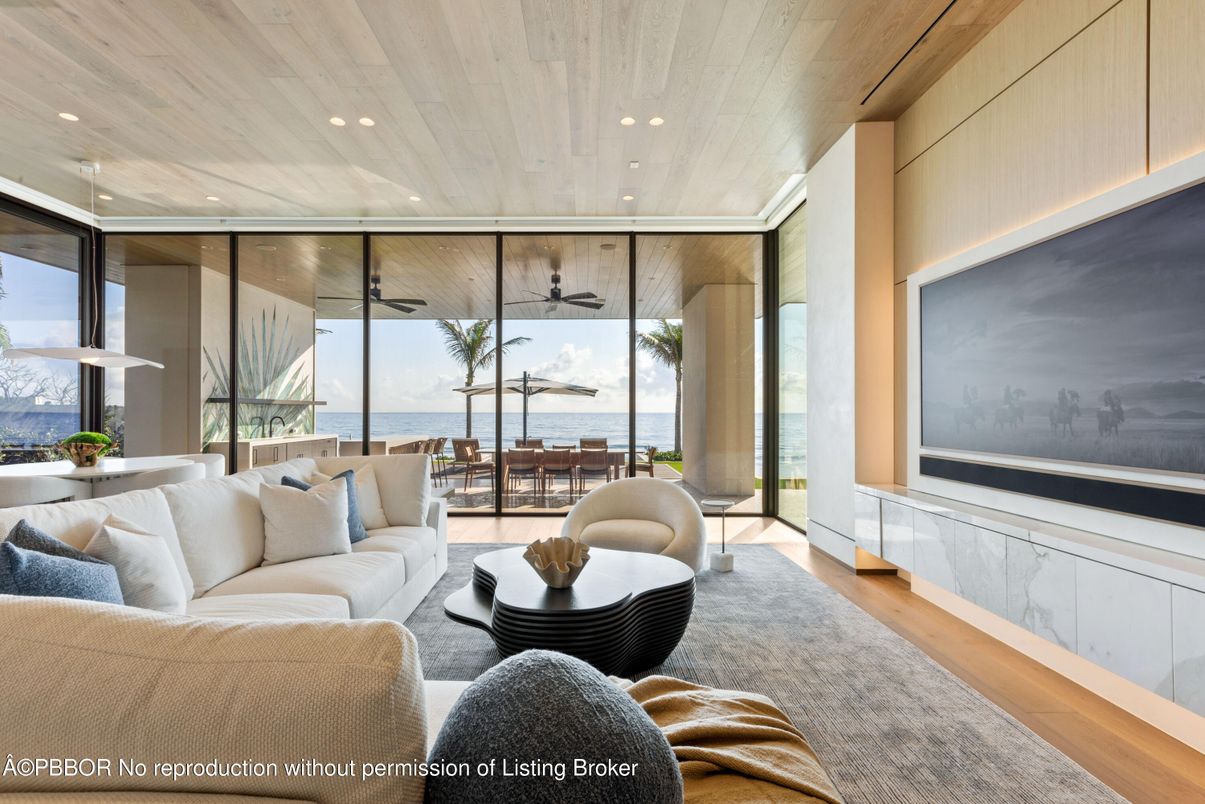 Dining room, Interior, Living room, Pendant Lights, Recessed Lighting, Water, Wooden Ceilings, Wood Texture Flooring