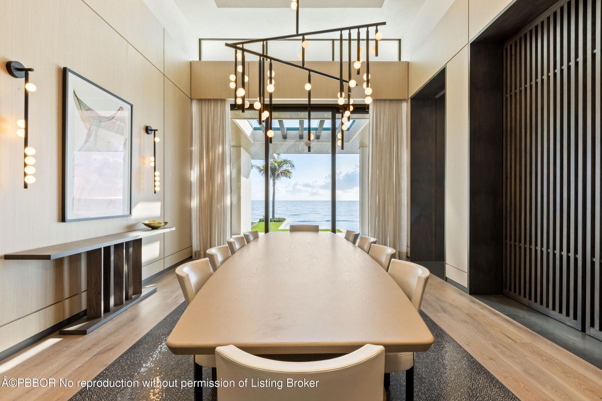 Dining room, Interior, Pendant Lights, Water, Wood Texture Flooring