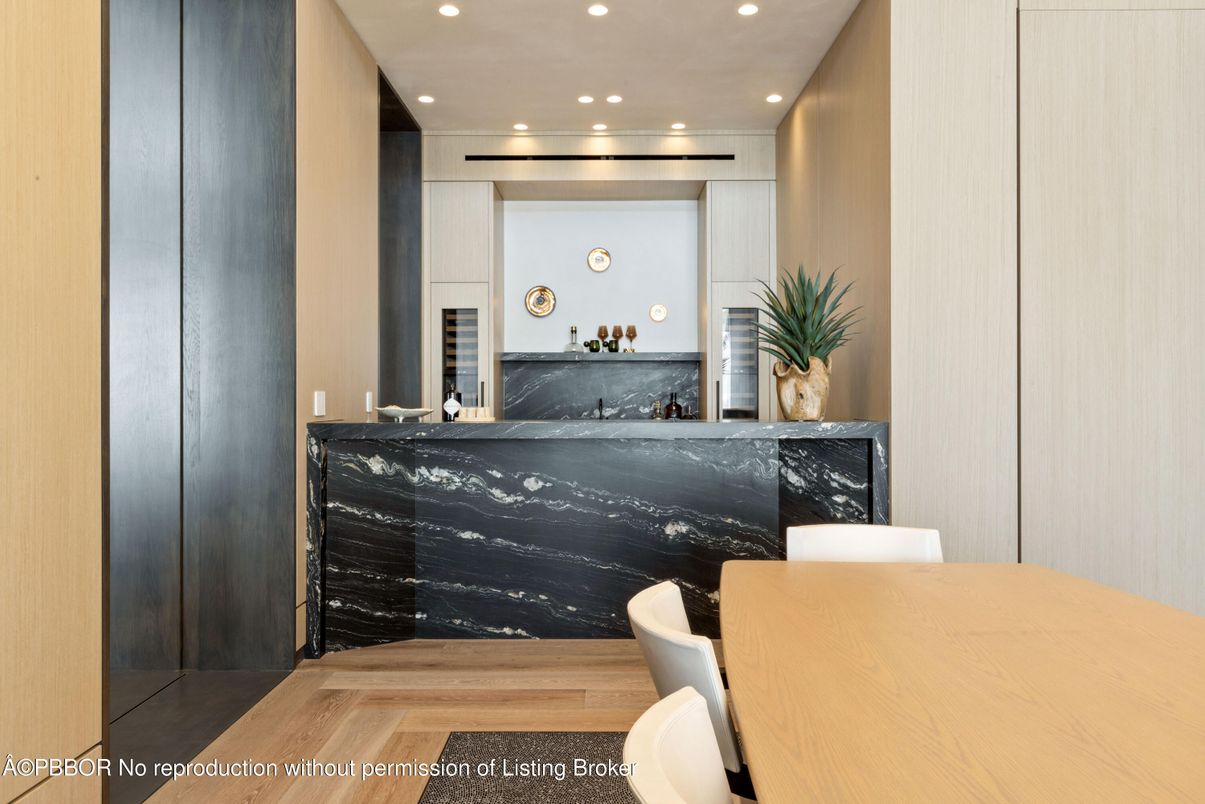 Dining room, Interior, Recessed Lighting, Wood Texture Flooring
