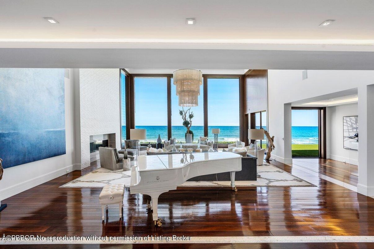 Fireplace, Interior, Living room, Recessed Lighting, Water, Wood Texture Flooring
