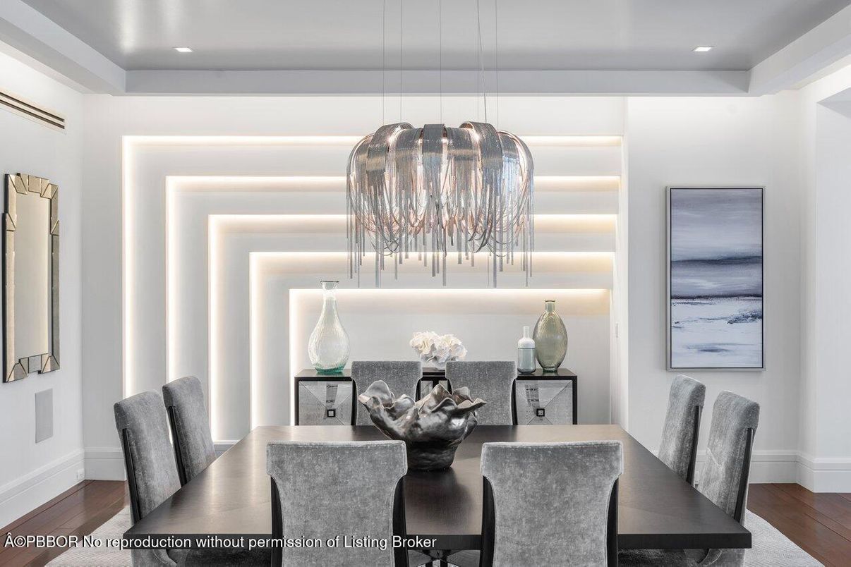 Dining room, Interior, Pendant Lights, Recessed Lighting, Wood Texture Flooring