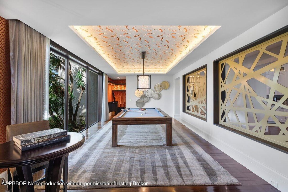 Billiard Table, Game Room, Interior, Pendant Lights, Wood Texture Flooring