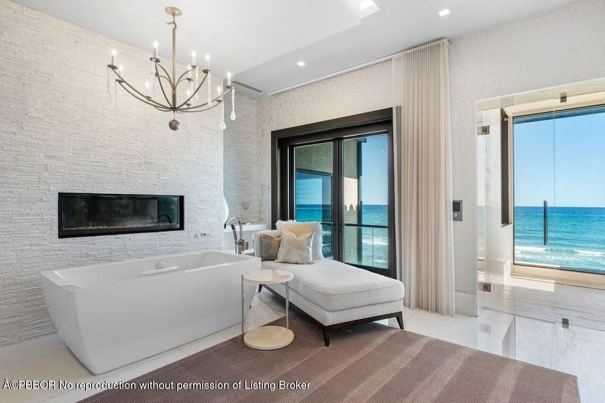 Bathroom, Chandelier, Fireplace, Free Standing Baths, Interior, Recessed Lighting, Water