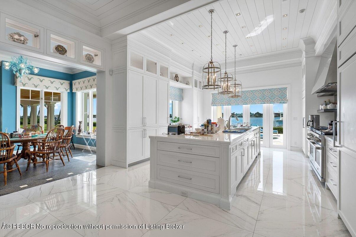 Dining room, Interior, Marble, Pendant Lights, Water
