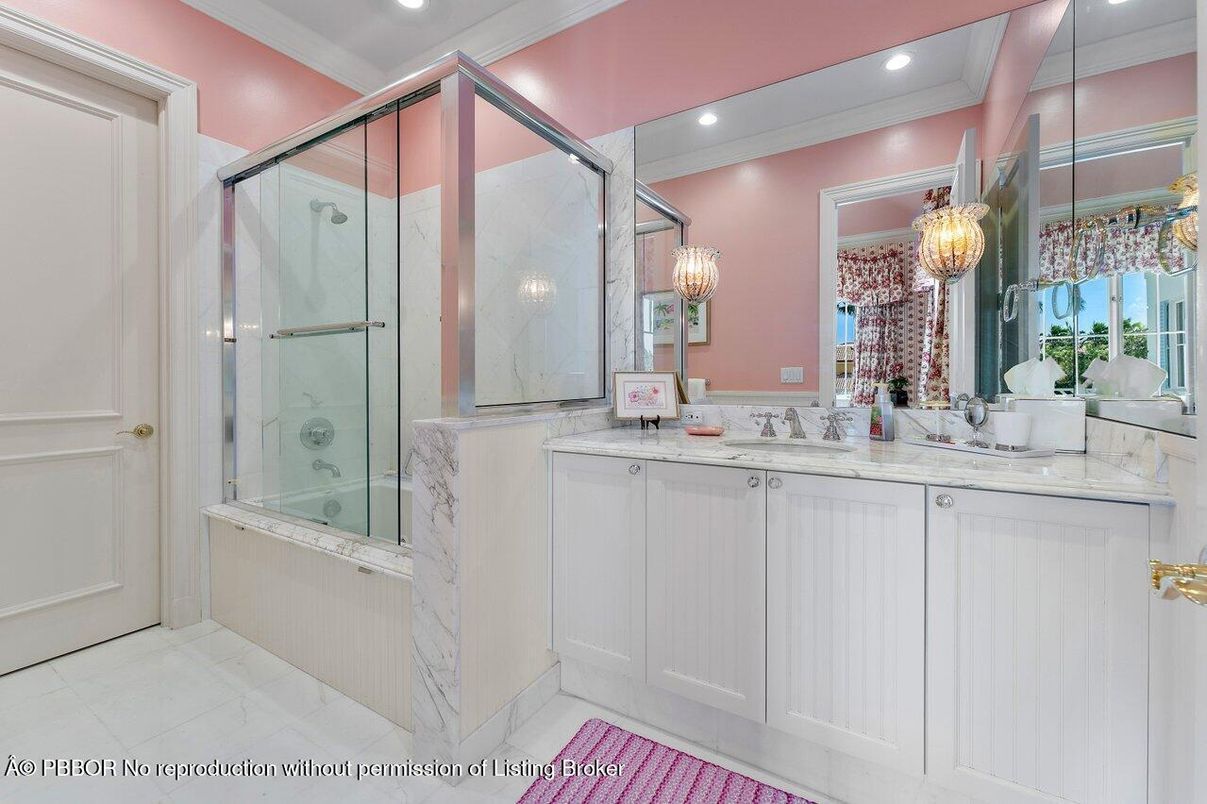 Bathroom, Dual Sink Vanities, Glass Shower, Interior, Marble, Recessed Lighting