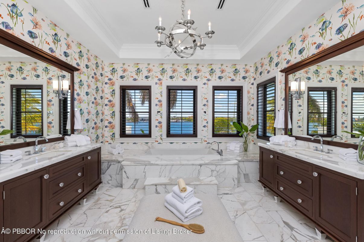 Bathroom, Chandelier, Dual Sink Vanities, Interior, Marble, Pendant Lights