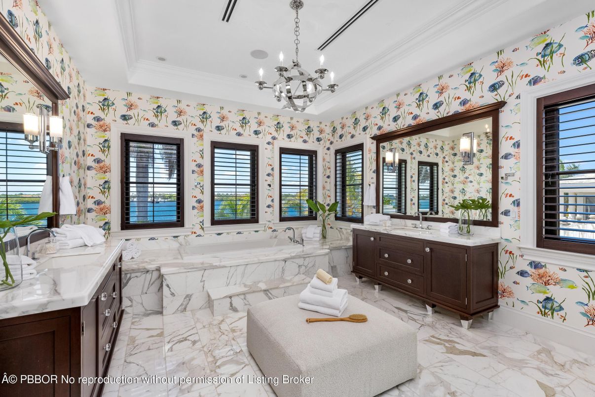 Bathroom, Chandelier, Dual Sink Vanities, Interior, Marble, Pendant Lights