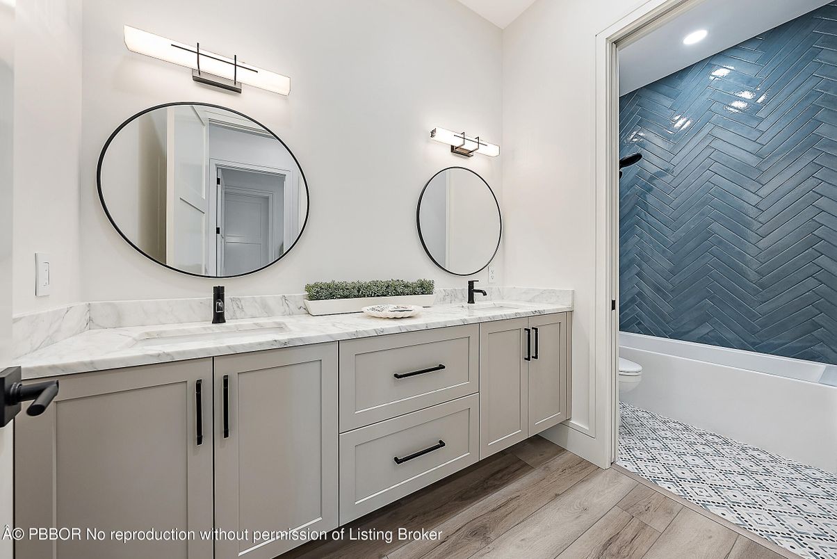 Bathroom, Dual Sink Vanities, Interior, Recessed Lighting, Wood Texture Flooring