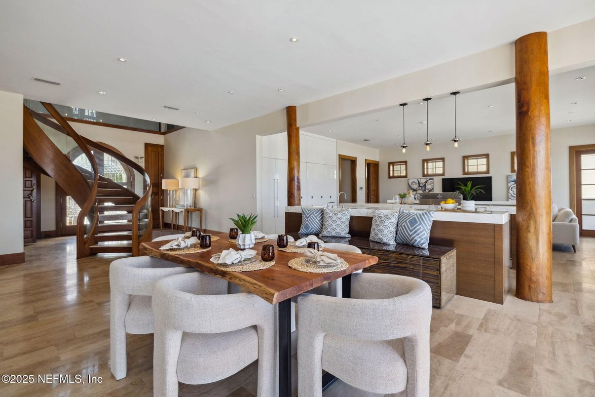 Dining room, Interior, Kitchen, Living room, Pendant Lights, Recessed Lighting, Wood Texture Flooring