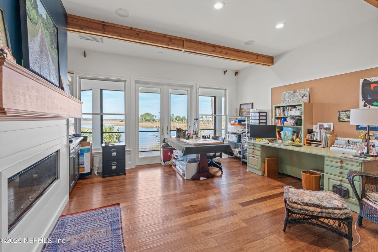 Fireplace, Home Office, Interior, Recessed Lighting, Water, Wooden Beams, Wood Texture Flooring