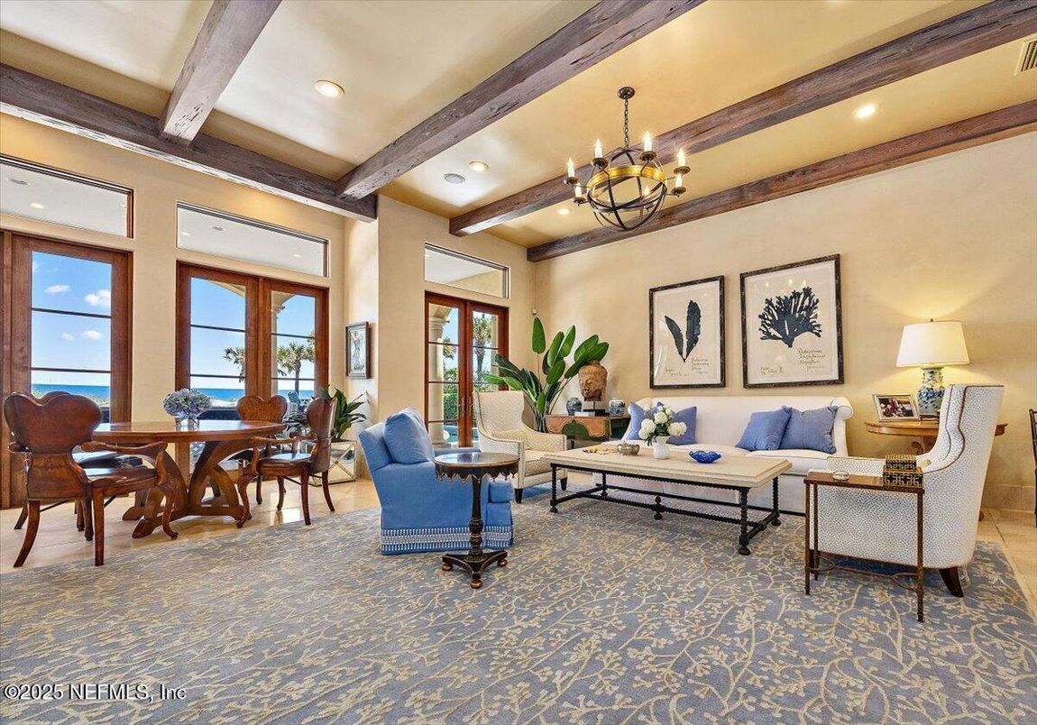 Chandelier, Dining room, Interior, Living room, Recessed Lighting, Wooden Beams