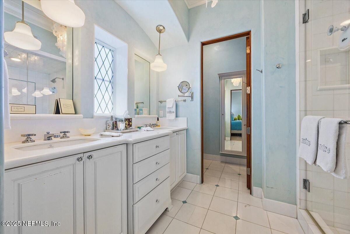 Bathroom, Dual Sink Vanities, Glass Shower, Interior, Pendant Lights