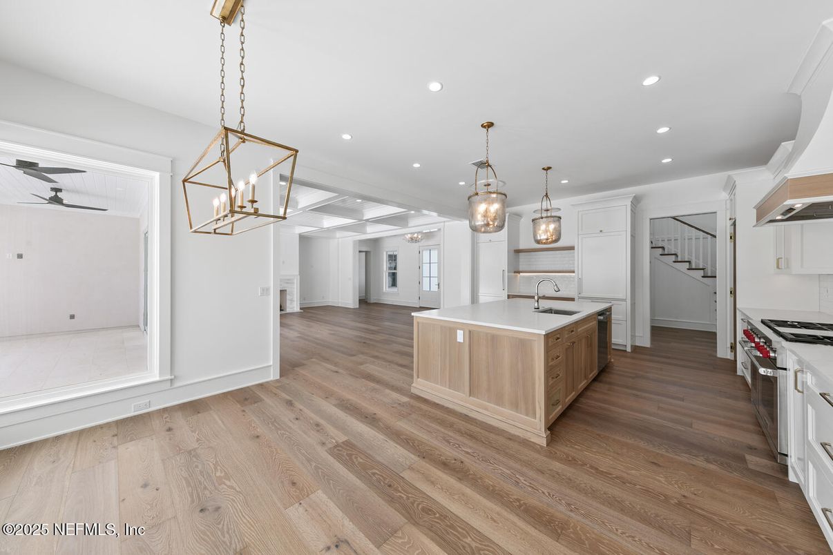 Interior, Kitchen, Pendant Lights, Recessed Lighting, Stainless Steel Appliances, Wood Texture Flooring