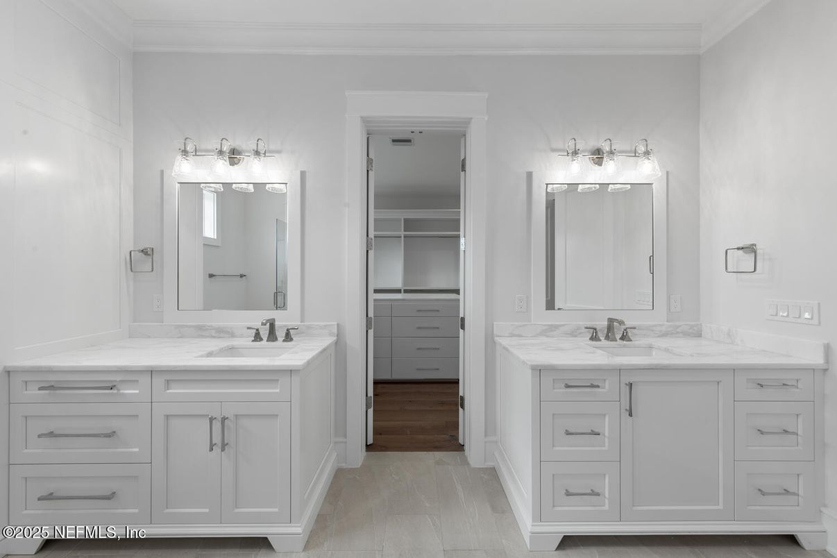 Bathroom, Dual Sink Vanities, Interior, Walk-in Closets, Wood Texture Flooring