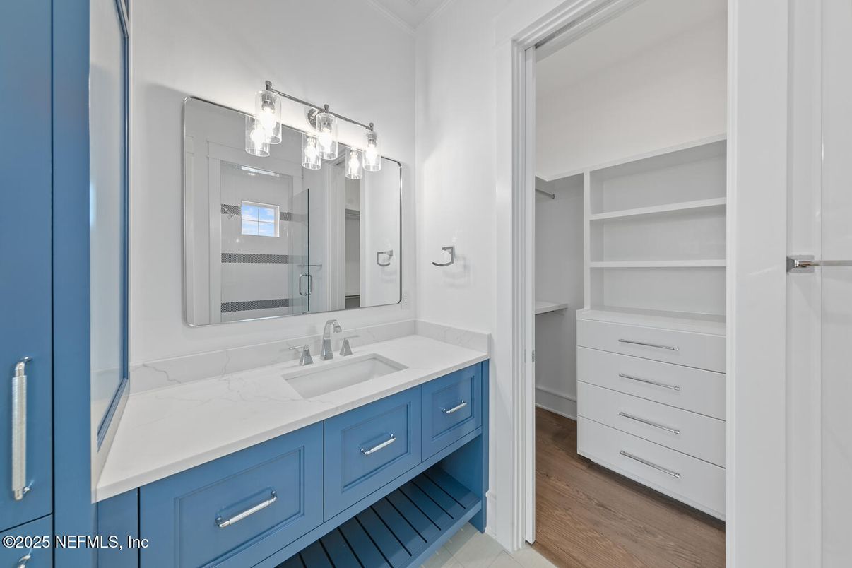 Bathroom, Dual Sink Vanities, Interior, Walk-in Closets, Wood Texture Flooring