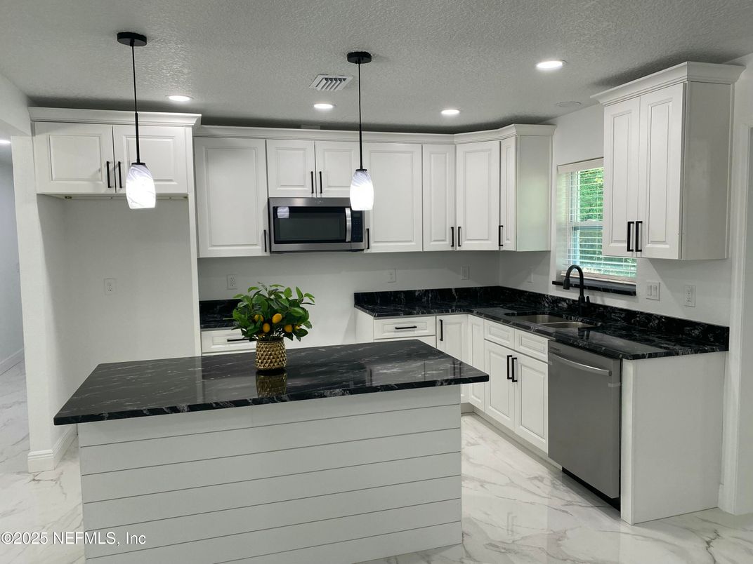 Interior, Kitchen, Marble, Pendant Lights, Recessed Lighting, Stainless Steel Appliances