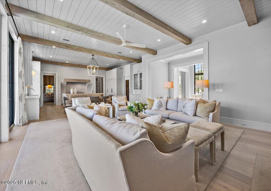 Dining room, Interior, Living room, Pendant Lights, Recessed Lighting, Wooden Beams, Wood Texture Flooring