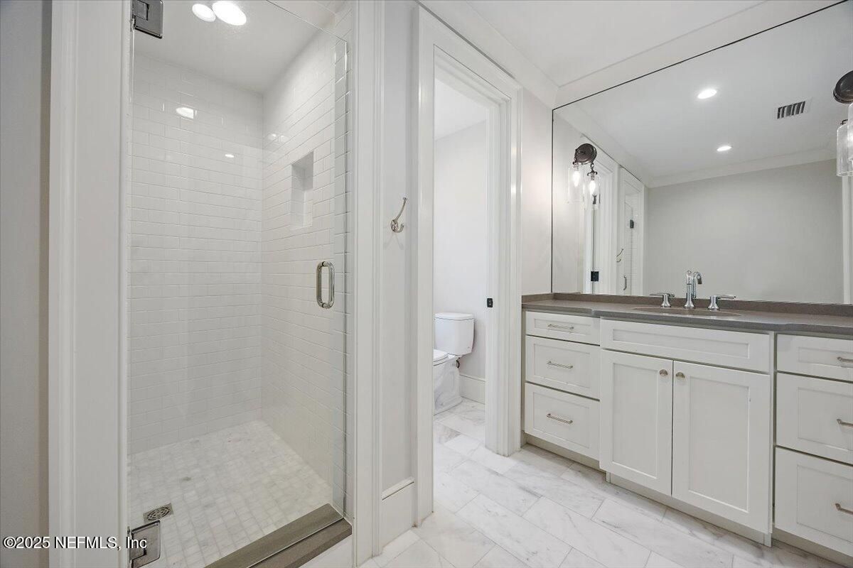 Bathroom, Glass Shower, Interior, Marble, Recessed Lighting