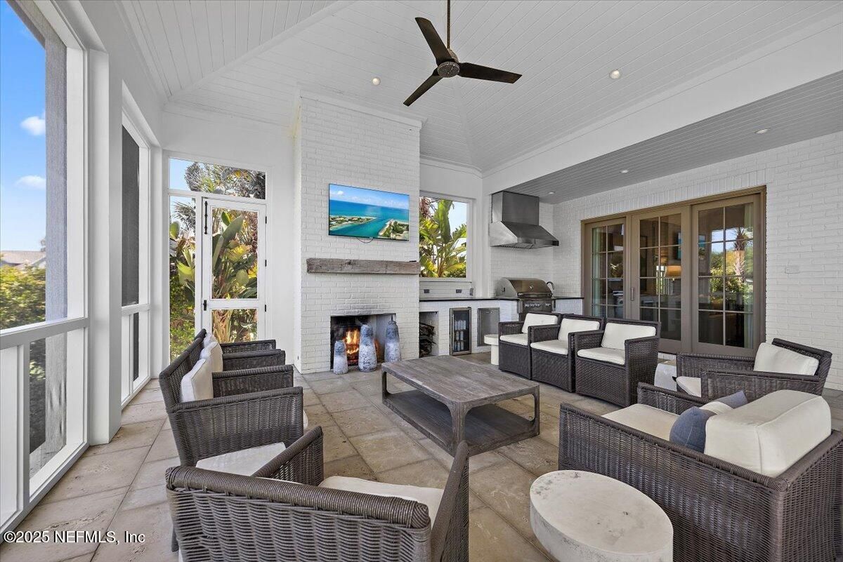 Fireplace, Interior, Living room, Recessed Lighting, Sun Room