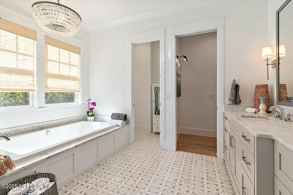 Bathroom, Chandelier, Dual Sink Vanities, Interior, Wood Texture Flooring