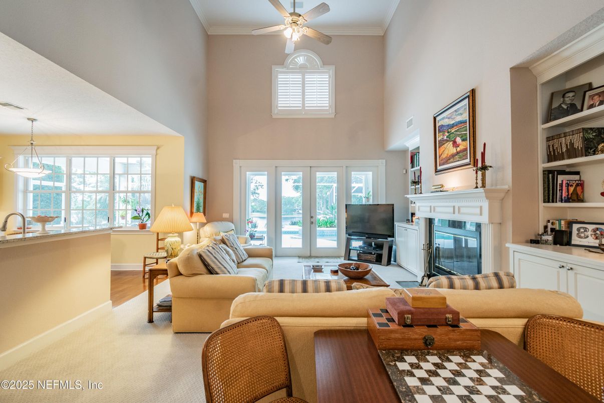 Fireplace, Interior, Living room, Pendant Lights, Wood Texture Flooring