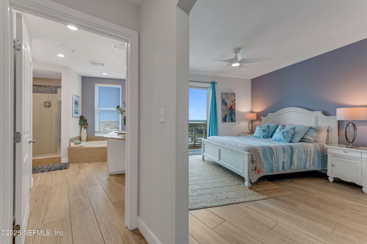 Bedroom, Interior, Recessed Lighting, Wood Texture Flooring