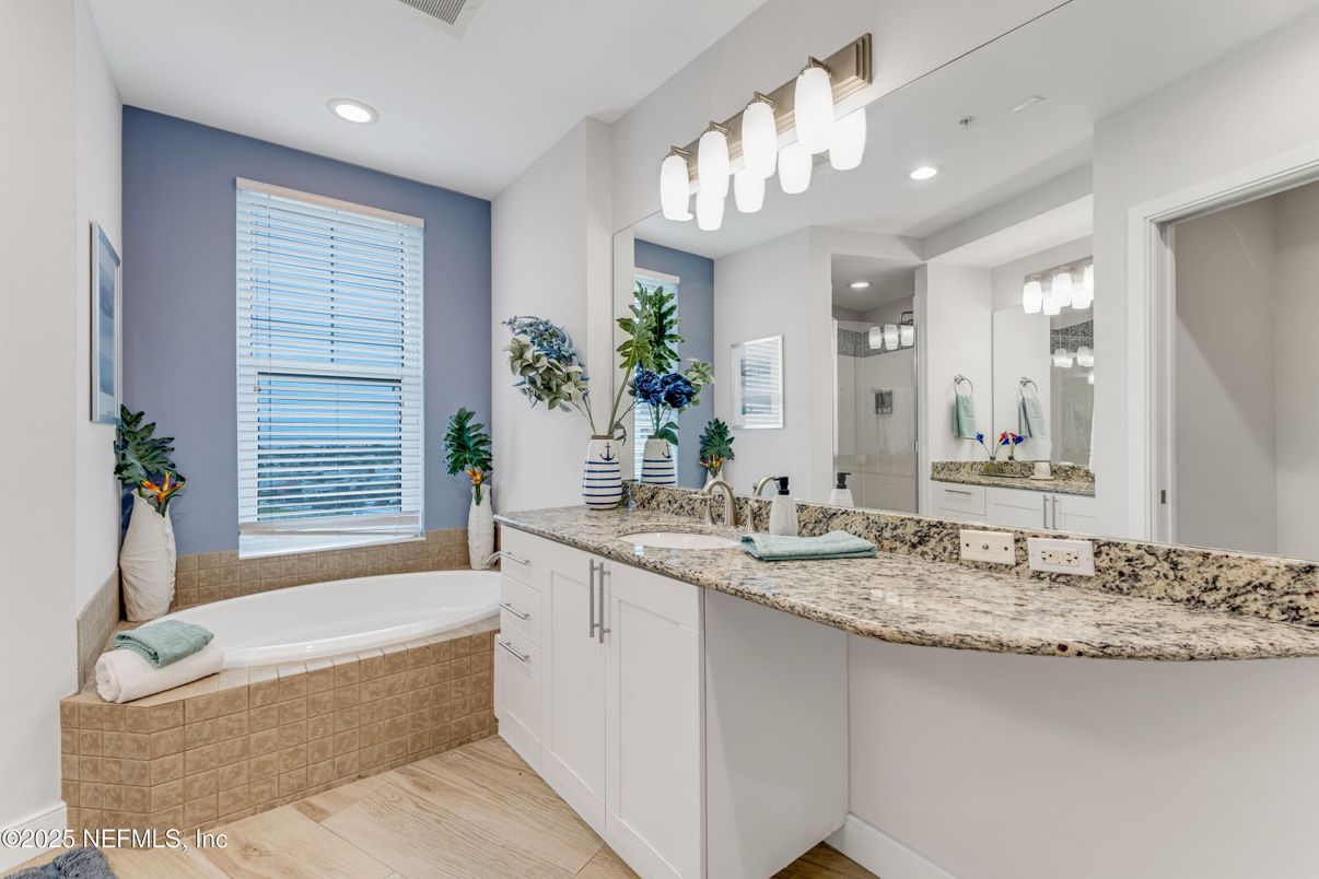 Bathroom, Dual Sink Vanities, Interior, Recessed Lighting, Wood Texture Flooring