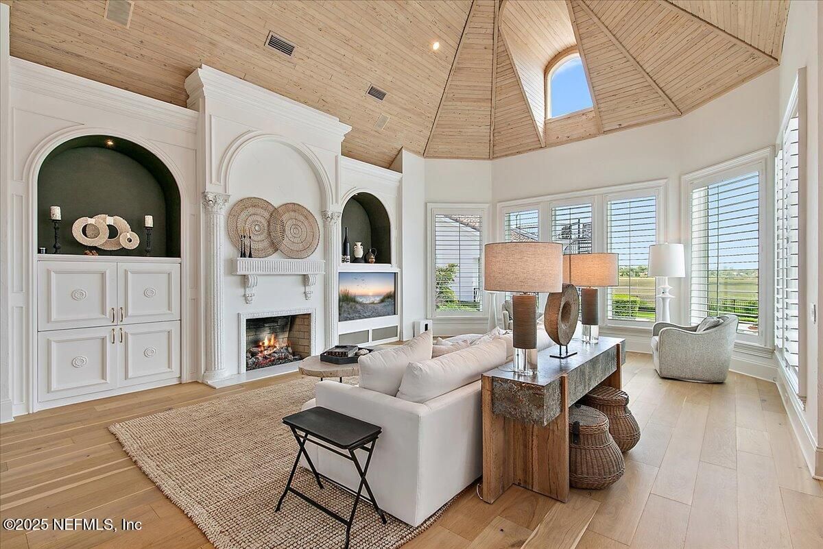 Fireplace, Interior, Living room, Recessed Lighting, Wooden Ceilings, Wood Texture Flooring