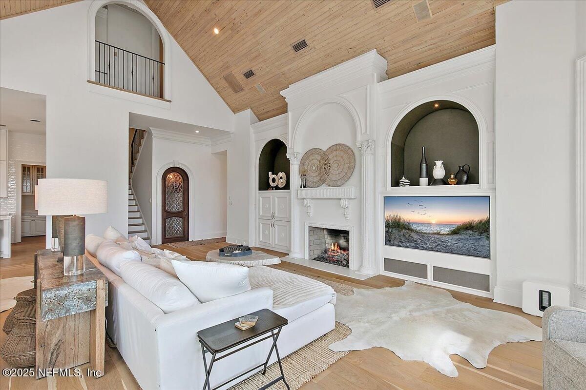 Fireplace, Interior, Living room, Recessed Lighting, Wooden Ceilings, Wood Texture Flooring