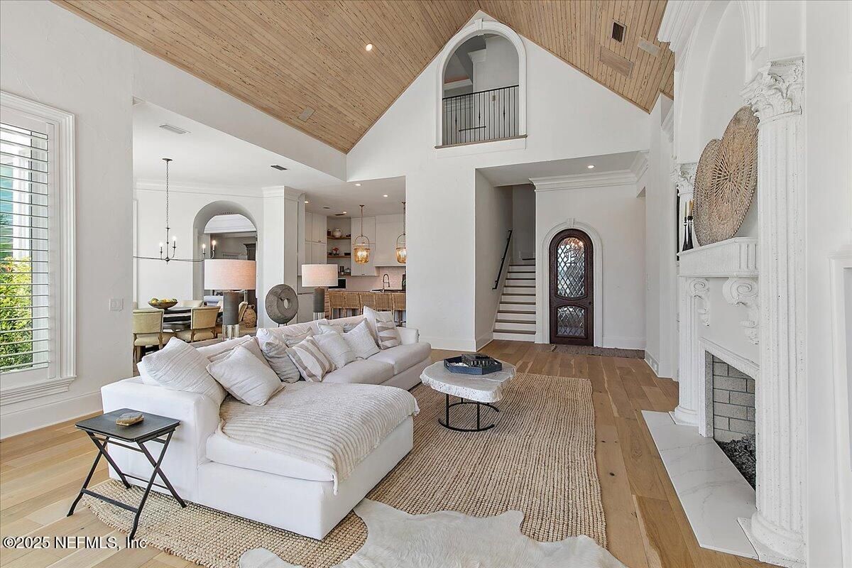 Dining room, Fireplace, Interior, Kitchen, Living room, Pendant Lights, Recessed Lighting, Wooden Ceilings, Wood Texture Flooring