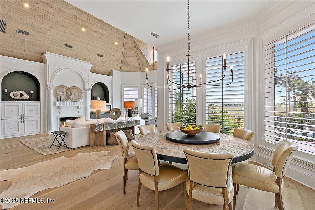 Dining room, Fireplace, Interior, Living room, Pendant Lights, Recessed Lighting, Wooden Ceilings, Wood Texture Flooring