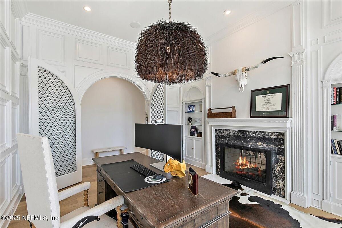 Fireplace, Home Office, Interior, Pendant Lights, Recessed Lighting, Wood Texture Flooring